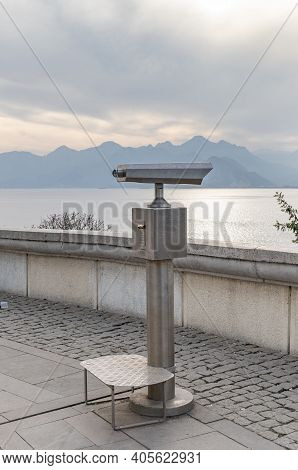 Observation Deck With Automatic Binoculars Paid In Karaalioglu Park. Vertical Shot. Antalya, Turkey 