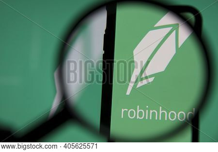 London, Uk - January 2021: Robinhood Investing App Under Magnifying Glass