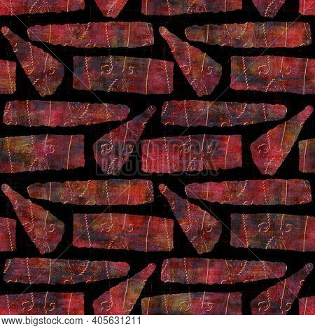 Seamless Dark Geometric Block Print Background. Boho Ethnic Soft Furnishing Fabric Style. Tie Dye Pa