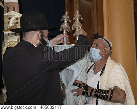 Jerusalem, Israel - January 28th, 2020: Performing The Ritual Of Crowning The Torah In A Synagogue, 