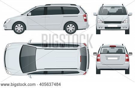 Minivan Car Vector Template On White Background. Compact Crossover, Suv, 5-door Minivan Car. View Fr