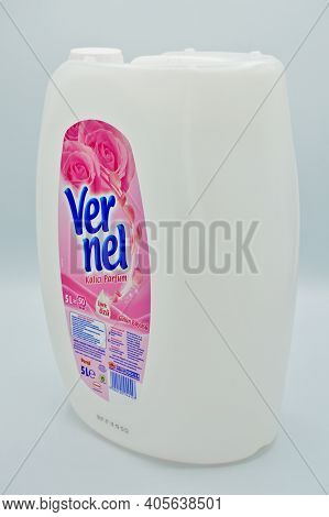 Plastic Black Detergent Bottle, Vernel Fabric Softener, Istanbul Turkey March 17, 2019 Isolated On W