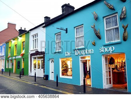 Dingle, Ireland, July 10, 2016. Street View Of Colourful Houses In Dingle Town Centre In The Night.
