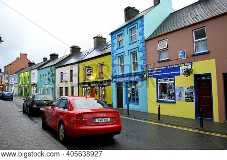 Dingle, Ireland, July 10, 2016. Street View Of Colourful Houses At Dingle Town Centre.