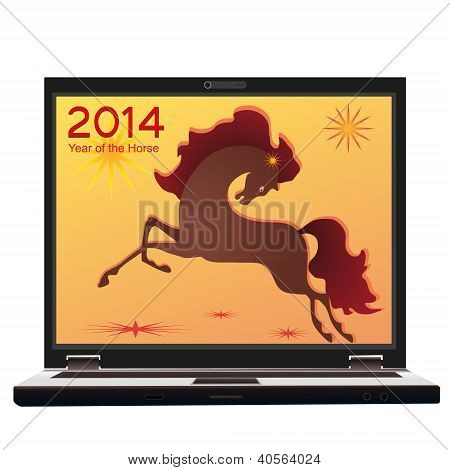 Novoroční 2014 a Symbol koně na obrazovce Notebook.eps