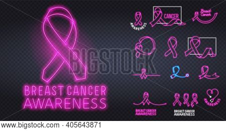 Breast Cancer Awareness Month Emblem. Glowing Neon Sign Of Breast Canser Awareness Month. Neon Poste