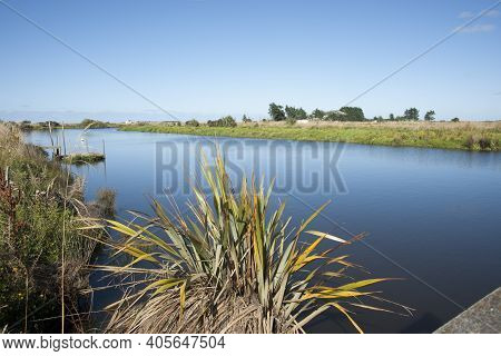 Scenic Blue Titiroa Stream In Southland Leading To Coast  In South Island New Zealand.