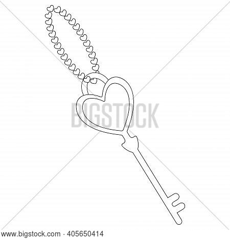 Heart Shaped Key. Sketch. A Device To Open A Love Padlock. Keychain Made Of A Metal Chain Consisting