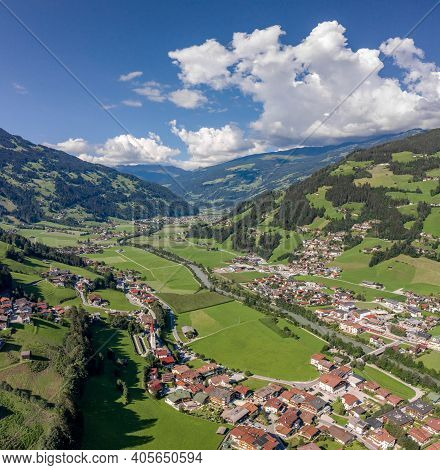 Aerial Drone Shot Of Zillertal Valley With Clouds In Tyrol Austria Summer