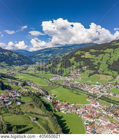 Aerial Drone Shot Of Zillertal Valley With Clouds In Tyrol Austria Summer
