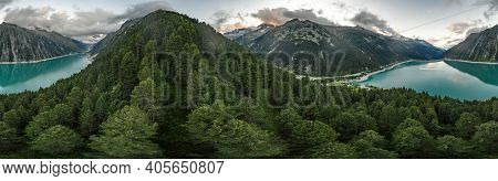 360 Aerial Panorama Drone Shot Of Schlegeisspeicher Resevoir With Galcier View At Dusk