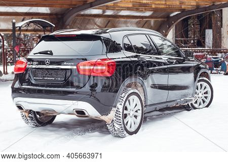 Moscow, Russia-january 10, 2021: Black Luxury Crossover Mercedes Benz Gla 250 On A Suburban Plot In 