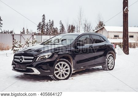 Moscow, Russia-january 10, 2021: Black Luxury Crossover Mercedes Benz Gla 250 On A Suburban Plot In 