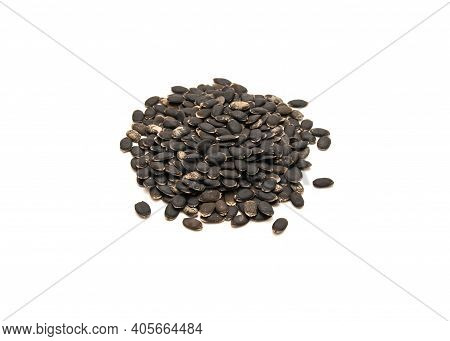 Studio Shot Pile Of Luffa Or Loofah, Luffa Aegyptiaca Seeds Isolated On White Background