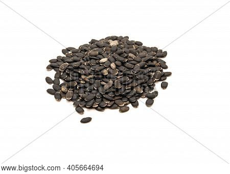 Studio Shot Pile Of Luffa Or Loofah, Luffa Aegyptiaca Seeds Isolated On White Background
