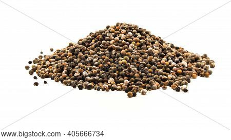 Top View Big Pile Of Okra Or Lady Fingers, Abelmoschus Esculentus Seeds Isolated On White Background