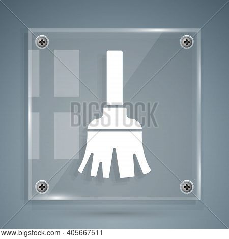 White Feather Broom For Cleaning Icon Isolated On Grey Background. Feather Duster. Square Glass Pane