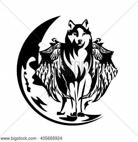 Black And White Vector Outline Of Standing Mythical Winged Wolf Simuran And Crescent Moon