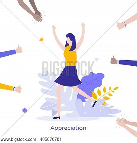 Happy Woman Surrounded By Clapping Hands Of Applauding People. Concept Of Social Success, Public App