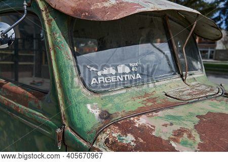 Old Rusty Green Old Timer Pick Up Truck With Split Window And Sticker Of The Route 40 In Argentina I