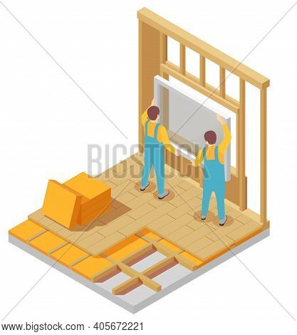 Modular Frame Building Isometric Composition With View Of Two Workers Installing Glass Window With W