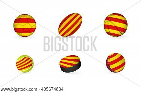 Sports Equipment With Flag Of Catalonia. Sports Icon Set Of Football, Rugby, Basketball, Tennis, Hoc