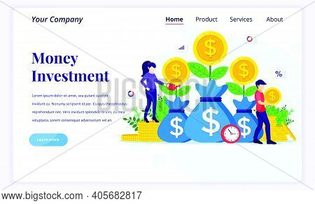 Landing Page Design Concept Of Money Investment, People Watering Money Tree, Collect Coin, Increase 