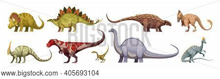 Carnivores And Herbivores Giants And Small Animals Dinosaurs Colored Cartoon Set Isolated On White B