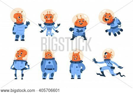 Cartoon Alien Cosmonauts. Cute Space Astronauts, Funny Ufo Crew. Friendly Orange Cosmic Monsters In 