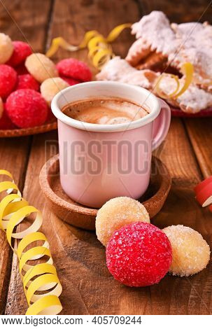 Espersso Coffee Traditional Sweet Pastries During The Carnival Period In Italy. Street Food, Round B