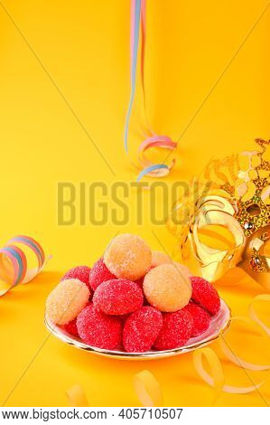 Baked Castagnole And Tinsel. Traditional Sweet Pastries During The Carnival Period In Italy. Street 