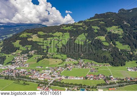 Aerial Drone Shot Of Zillertal Valley With Clouds In Tyrol Austria Summer