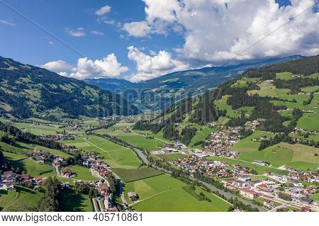 Aerial Drone Shot Of Zillertal Valley With Clouds In Tyrol Austria Summer