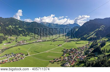Aerial Drone Shot Of Zillertal Valley With Clouds In Tyrol Austria Summer