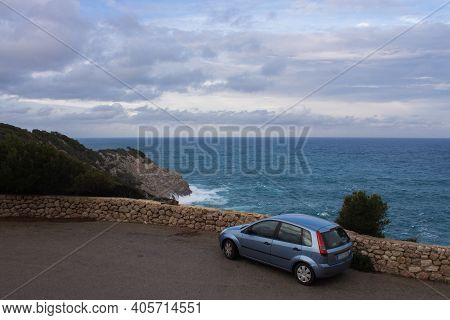 Car And Mediterranean Sea. Coast Of Mallorca, Spain.