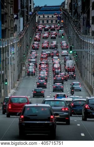 Traffic Jam On Rue De La Loi, Brussels, Belgium.