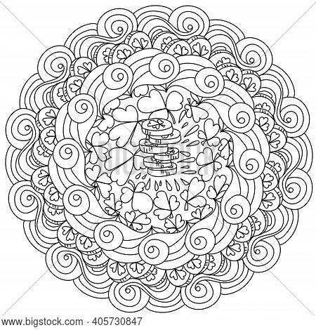 St. Patrick's Day Manadala With A Stack Of Coins In The Center, Coloring Page About Luck And Wealth 