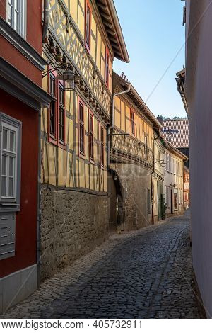 Narrow Cobbled Alley With Facades Of Historic Half-timbered Houses In The City Meiningen, Thuringia