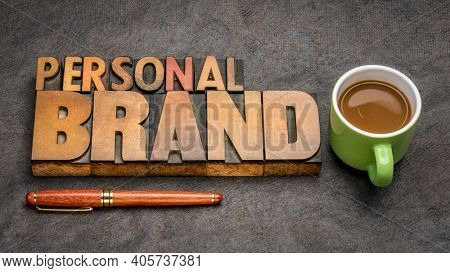 Personal brand word abstract - text in vintage letterpress wood type printing blocks with a up of coffee, business and personal development concept