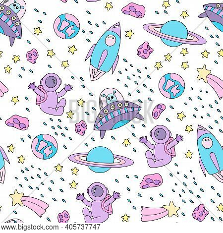 Seamless Pattern With Space Elements. Doodle Style. Hand-drawn. Vector Illustration For Children. It