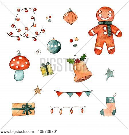 Cute Cozy Christmas Gingerbread Manr Cookie, Bell, Gifts, Stars, Ornaments Hand Drawn Watercolor Sti