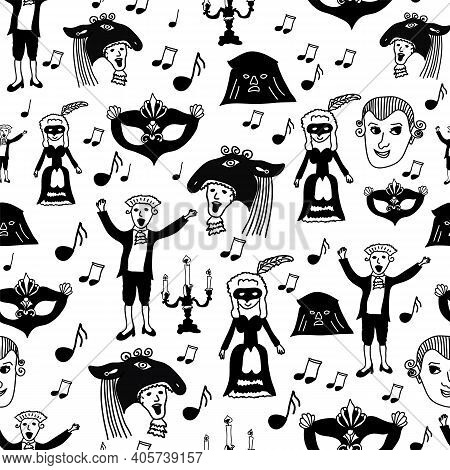 Vector Seamless Pattern, Mozart Elements, Baroque Lady, Mozart Portrait, Carnival Mask, Music Notes 