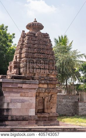 Aihole, Karnataka, India - November 7, 2013: Chakra Gudi Temple. Brown Stone Vimanam Tower On Top Of