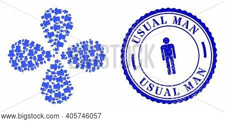 Boy Centrifugal Flower With Four Petals, And Blue Round Usual Man Dirty Watermark With Icon Inside. 