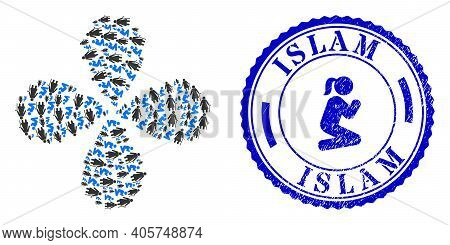 Man Pray For Grandmother Explosion Flower Shape, And Blue Round Islam Corroded Stamp Seal With Icon 