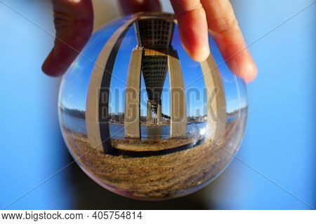 The View Of William V Roth Bridge Captured Through A Crystal Lens Ball Near Middletown, Delaware, U.