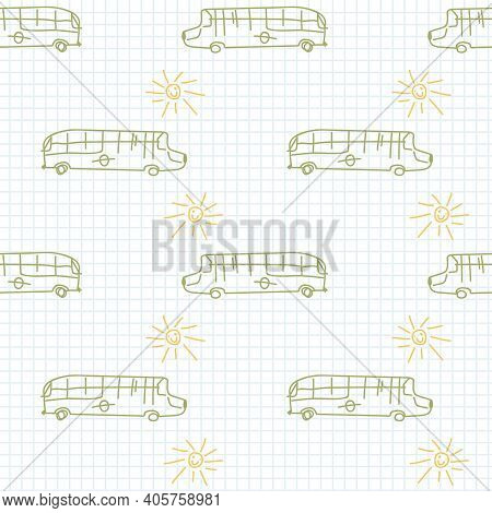 Cute Crayon Bus Scribble Kid Doodle Background. Hand Drawn Earthy Whimsical Motif Seamless Pattern. 