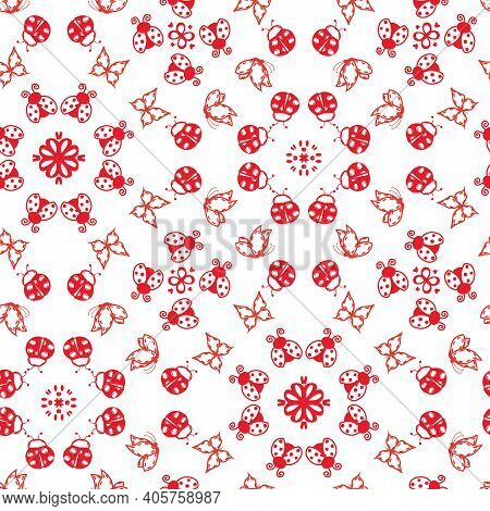 Redwork Cute Mushrooms And Bugs Repeat Pattern. Vector Illustration