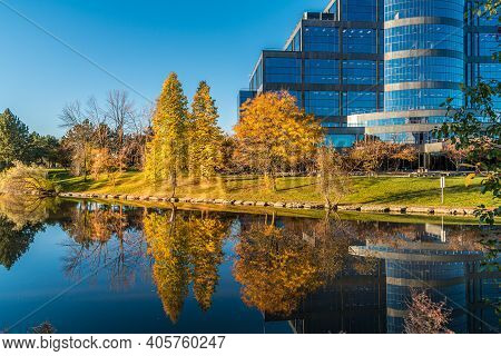 Business Building Near The Pond In Fall. Markham, Canada