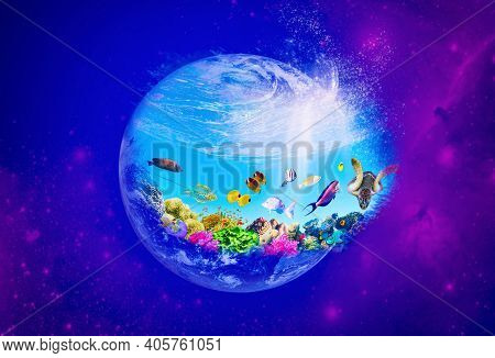 Conceptual Image Of World Ocean As A Planet Or Globe In Space. Environmental Protection Concept. Und